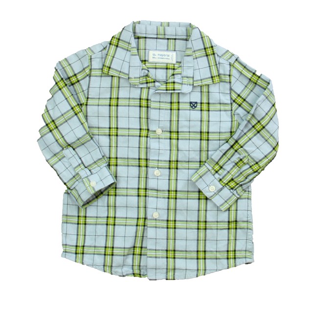 Mayoral Blue | Green Plaid Button Down Long Sleeve 12 Months 