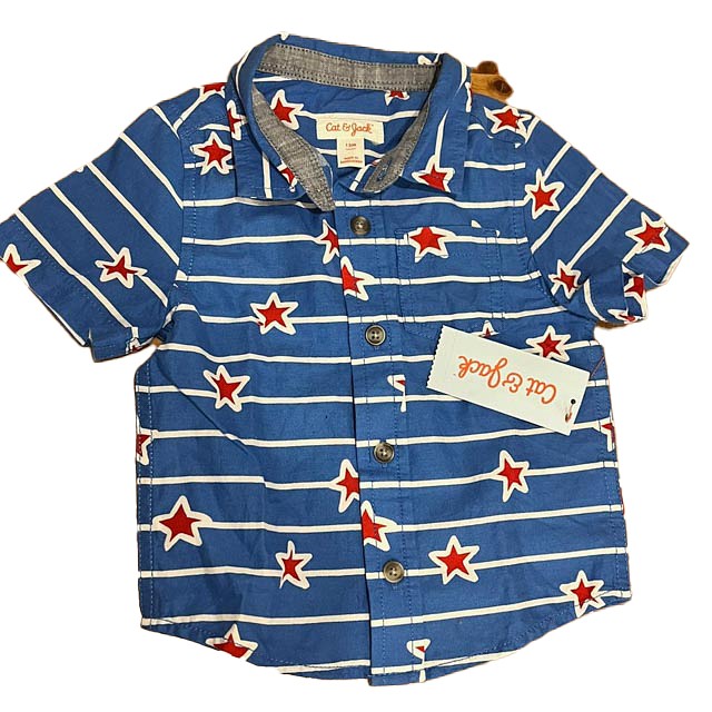 Cat & Jack Blue | White | Red Stars Button Down Short Sleeve 3T 