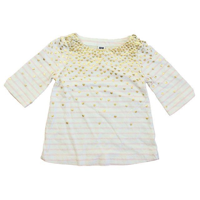 Janie and Jack Ivory | Pink Stripe | Gold Hearts Long Sleeve T-Shirt 12-18 Months 