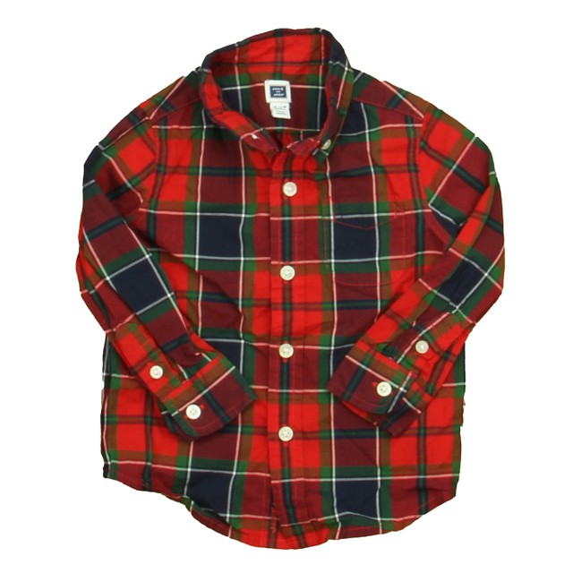 Janie and Jack Red | Green Plaid Button Down Long Sleeve 12-18 Months 