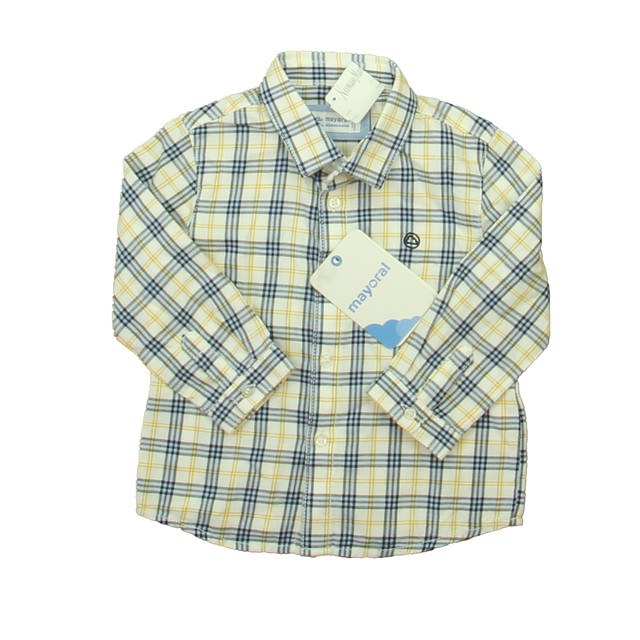 Mayoral White | Navy Plaid Button Down Long Sleeve 12 Months 