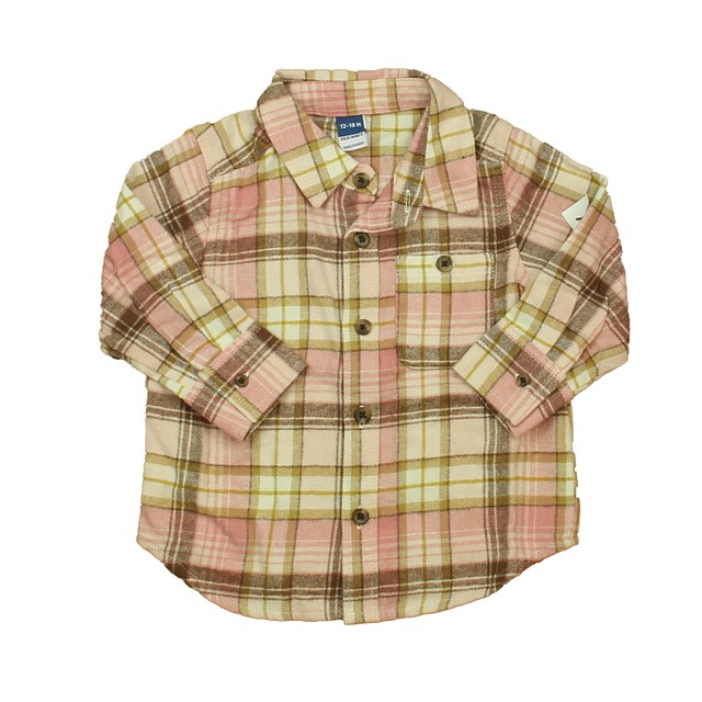 Old Navy Brown | Pink Plaid Button Down Long Sleeve 12-18 Months 